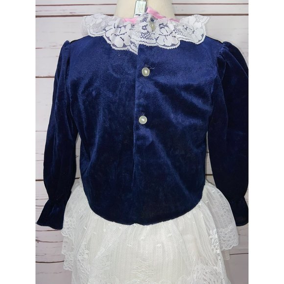 Allison Ann Blue Velvet White Lace Pink Bow Long Sleeves Size 2T Girls Dress Vin - Picture 3 of 11